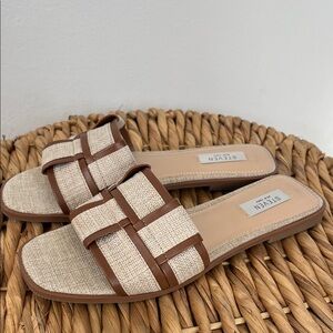 Steve Madden Beige Straw and Brown Leather Slide Mules